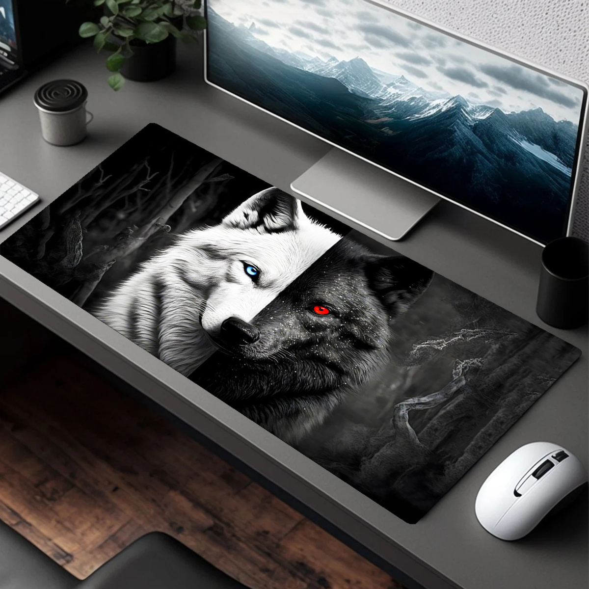 Laptop Accessories Design - 대형 게임용 마우스 패드 흑백 늑대왕